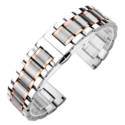 Gebogenes Metall-Edelstahlarmband, 18 mm, 20 mm, 22 mm, 24 mm, Schmetterlingsschnalle, Zubehör, universelles Smart-Watch-Armband (Color : Silver-Rose Gold, Size : 18mm) von Overhil1s