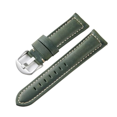 Overhil1s Retro-Uhrenarmband aus Leder, 20/22/24/26 mm, Schnellverschluss-Uhrenarmband, Retro-Uhrenarmband aus echtem Leder, Uhrenzubehör (Color : Military green silver buckle, Size : 22mm) von Overhil1s