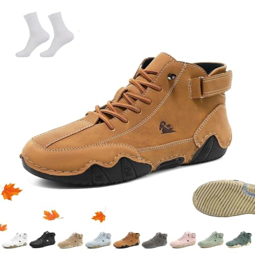 Overhil1s Unisex Ultra-bequemer Barfußschuhe aus Leder, Alpaca Barfuss Schuhe Ergonomischer Wasserdichte Atmungsaktive ldeck Barfussschuh Leichte Wanderschuhe mit Klettverschluss(Light Brown,44 EU) von Overhil1s