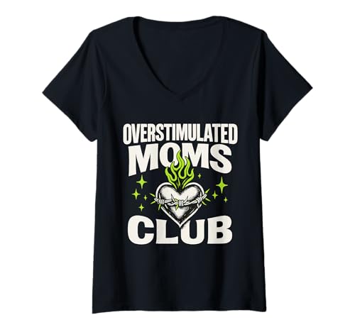 Damen Überstimuliertes Moms Club, mutiges Herzdesign T-Shirt mit V-Ausschnitt von Overstimulated Moms Club