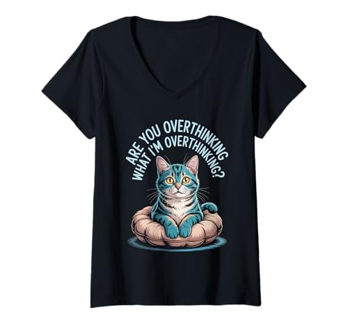 Damen Overthinking Katzenliebhaber Angst Humor Freizeitkleidung T-Shirt mit V-Ausschnitt Damen Overthinking Katzenliebhaber Angst Humor Freizeitkleidung T-Shirt mit V-Ausschnitt von Overthinking Cat Lovers Cozy Conversations