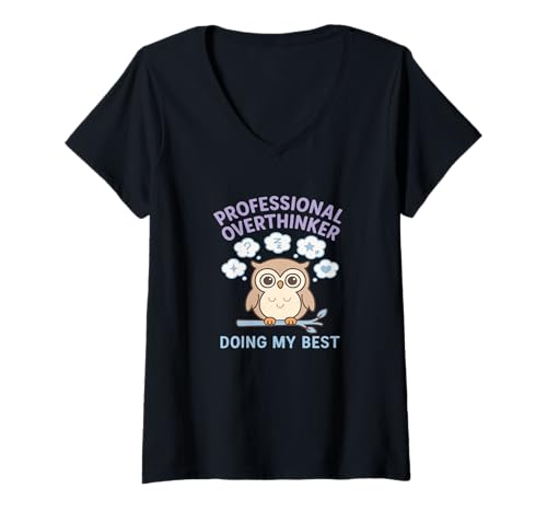Damen Professionelle Überdenker-Eule Doing My Best Kawaii T-Shirt mit V-Ausschnitt von Overthinking Club Collective