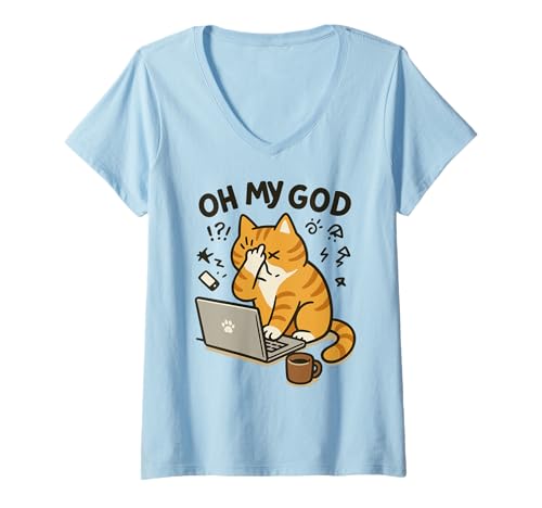 Damen Frustrierte Katze schreiend OMG Arbeitstag scheitern T-Shirt mit V-Ausschnitt Damen Frustrierte Katze schreiend OMG Arbeitstag scheitern T-Shirt mit V-Ausschnitt von Overwhelmed Worker Cat Meme Designs