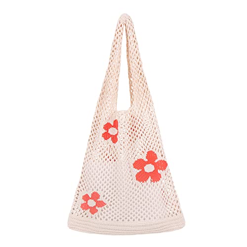 Ovida Häkeltasche Mesh Strandtasche Fairycore Hobo Tasche Fairy Grunge Ästhetische Schultertasche Y2k Geldbörse für Frauen Mädchen, A-beige Blume, Einheitsgröße von Ovida