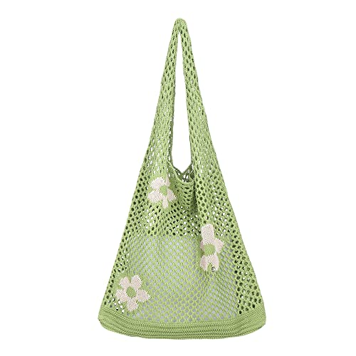 Ovida Häkeltasche Mesh Strandtasche Fairycore Hobo Tasche Fairy Grunge Ästhetische Schultertasche Y2k Geldbörse für Frauen Mädchen, A-grüne Blume, Einheitsgröße von Ovida