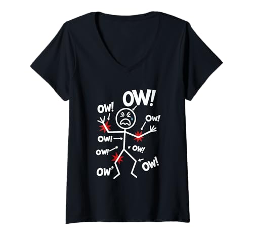 Damen Ow Ow Ow T-Shirt - Lustiges Chronisches Schmerzbewusstsein T-Shirt mit V-Ausschnitt von Ow Ow Ow Ow Ow Ow Ow Character Stick Figure