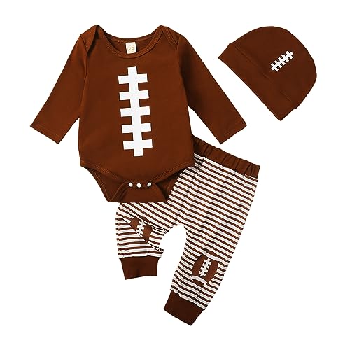 Baby Boy 3 Piece Outfit Football Print Long Sleeve Rompers and Elastic Striped Pants Beanie Hat Set Fall Spring Clothes (Brown, 0-3 Months) von Owegvia