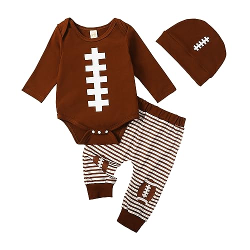 Baby Boy 3 Piece Outfit Football Print Long Sleeve Rompers and Elastic Striped Pants Beanie Hat Set Fall Spring Clothes (Brown, 12-18 Months) von Owegvia