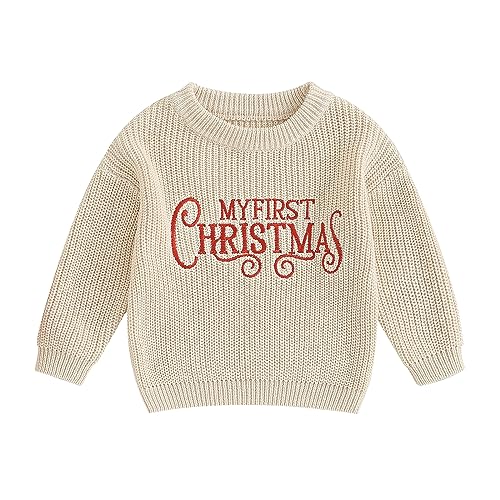 Baby Girls Christmas Knit Sweater Long Sleeve My First Christmas Letter Print Pullover Knitwear Baby Girl Sweater (Beige, 0-6 Months) von Owegvia