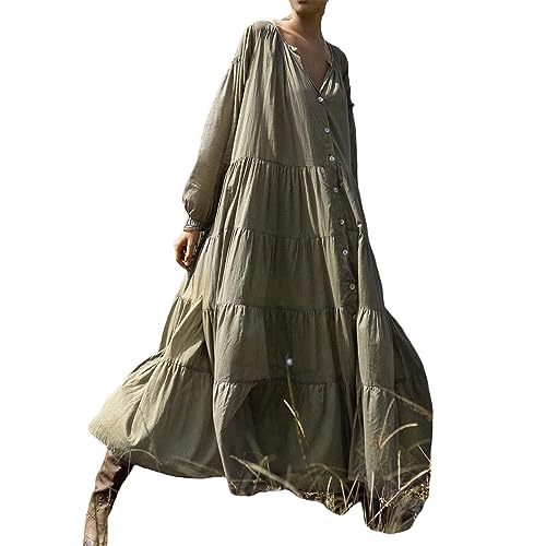 Boho Dresses for Women 2023 Fall Long Sleeve Midi Dress Front Button V Neck Loose Beach Dress Long Boho Chic Dress (Army Green, S) von Owegvia