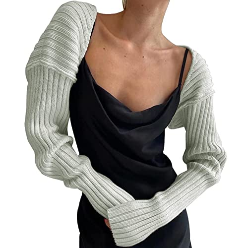 Bolero Shrug Y2K Open Front Crop Cardigan Rippstrick Langarm Bolero Sweater Knit Crop Cardigan Sweater Shrug, grau, One size von Owegvia