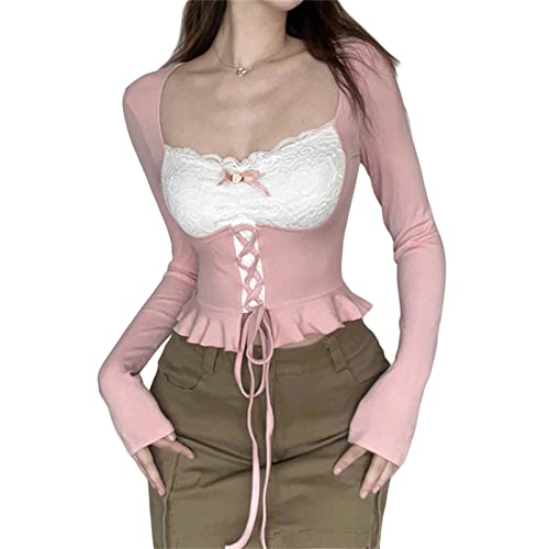 Damen Fee Spitze Trim Patchwork Crop Top Y2k Ästhetische Langarm T-Shirt Slim Fit Grunge Bluse Shirt Streetwear (B Rosa, S) von Owegvia