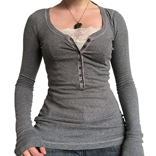 Damen Fee Spitze Trim Patchwork Crop Top Y2k Ästhetische Langarm T-Shirt Slim Fit Grunge Bluse Shirt Streetwear (Grau, M) von Owegvia