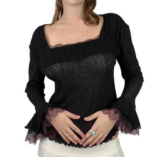 Damen Fee Spitze Trim Patchwork Crop Top Y2k Ästhetische Langarm T-Shirt Slim Fit Grunge Bluse Shirt Streetwear (Q69-Black, S) von Owegvia