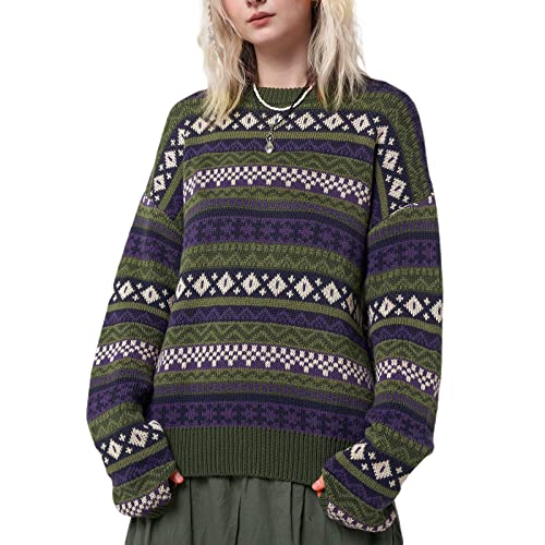 Damen Grunge Strickpullover Y2k Vintage Print Oversized Pullover Pullover Langarm Harajuku Lose Pullover Strickwaren Streetwear, violett, One size von Owegvia