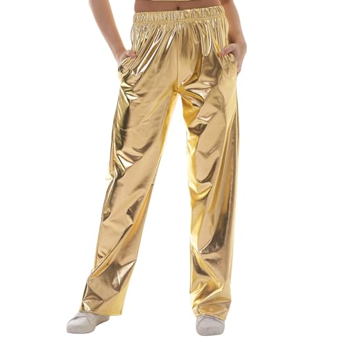 Damen Holographische Hip Hop Club Hose Hohe Taille Lose Hose Weites Bein Metallisch Glänzend Disco Hose Mit Taschen (Gold, S) von Owegvia