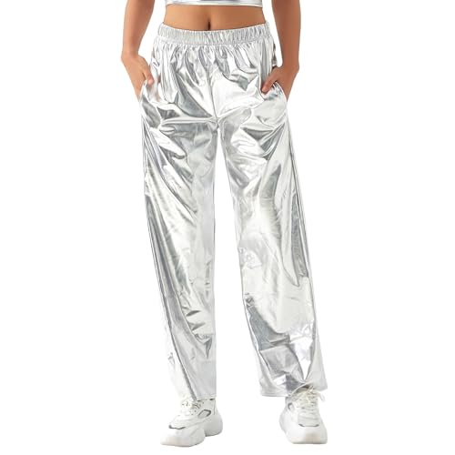 Damen Holographische Hip Hop Club Hose Hohe Taille Lose Hose Weites Bein Metallisch Glänzend Disco Hose Mit Taschen (Silver, L) von Owegvia