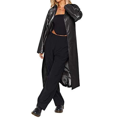 Damen Kunstleder Langer Trenchcoat Offene Vorderseite Umlegekragen Langarm Jacke Vintage Oversized Pu Leder Mantel (Schwarz , S ) von Owegvia