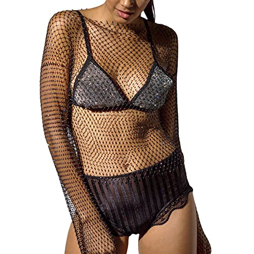 Damen Langarm Sexy Mesh Top Glitter Rhinestone Hollow Out See Through Shirt Cover Ups Rundhals Glänzend Corchet Fishnet Crop Top Club (Schwarz, L) von Owegvia