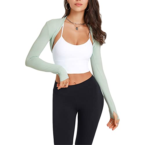 Damen Langarm Shrug Tops Slim Open Front Bolero Shrug Cropped Tops Solid Sports Sun Protection Cardigan Cover Ups Top (Hellgrün, M) von Owegvia