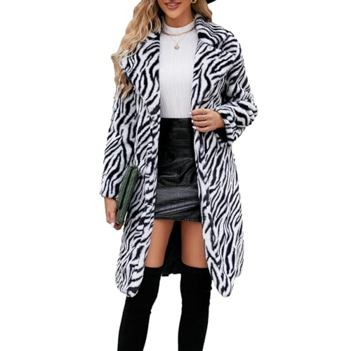 Damen Leopard Kunstpelz Mantel Langarm Revers Fleece Lange Outwear Fuzzy Jacke Kunstpelz Flauschige Strickjacke Overcoat, Schwarz , 36 von Owegvia