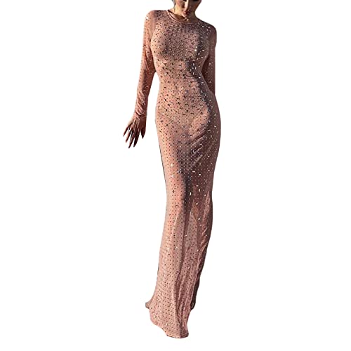 Damen See Through Birne Bikini Cover Ups Kleid Sheer Mesh Langarm Skinny Langes Strandkleid Sexy Perspektive Cover Up (01-Hautfarbe, L) von Owegvia