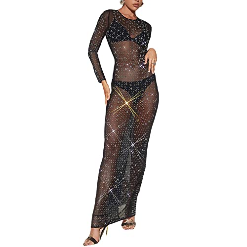 Damen See Through Birne Bikini Cover Ups Kleid Sheer Mesh Langarm Skinny Langes Strandkleid Sexy Perspektive Cover Up (01-Schwarz, S) von Owegvia