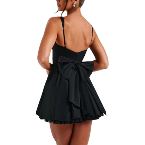 Damen Sommer Tief ausgeschnittenes Minikleid A-Linie Rüsche Spaghettiträger Schnürung Spitzenkleid Ausgehen Y2k Kleid (Black Bow, L) von Owegvia