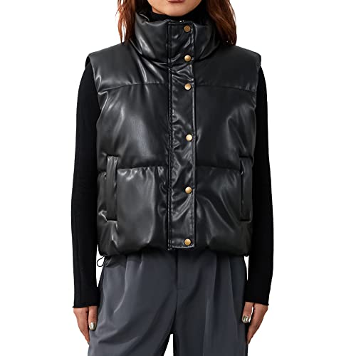 Damen Steppweste Leichte Puffer Weste Vintage Kunstleder Ärmellos Jacke Weste Reißverschluss Button Down Mock-Neck PU Westen Mantel, Schwarz , 46 Damen Steppweste Leichte Puffer Weste Vintage Kunstleder Ärmellos Jacke Weste Reißverschluss Button Down Mock-Neck PU Westen Mantel, Schwarz , 46 von Owegvia