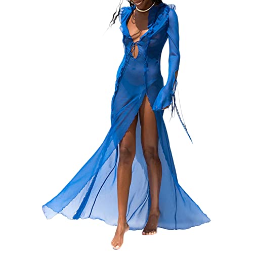 Damen Strand Durchsichtiges Netz-Bikini Cover Ups Kleid Rüschen Trim V-Ausschnitt Tie Up See Through Langes Kleid Sexy Schlitz Kleid Sommer Party, saphirblau, Small von Owegvia