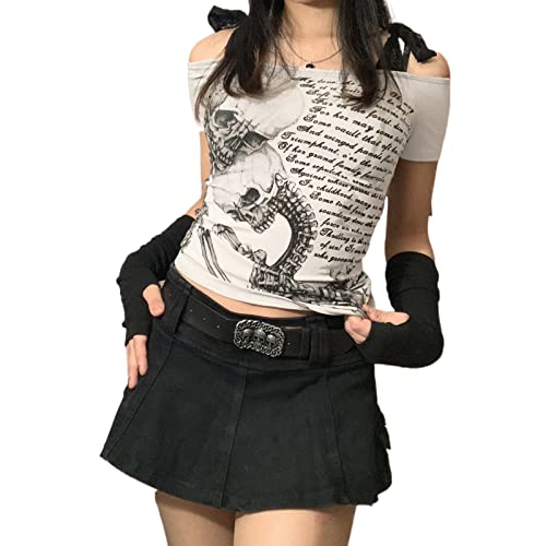 Damen Teen Mädchen Fee Grunge Crop Top Gothic Y2k Vintage Print Kurzarm T-Shirt Ästhetische Slim Tees Shirt (Grau, S) von Owegvia