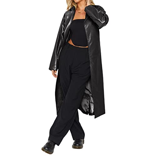 Damen-Trenchcoat aus Kunstleder, mit offener Vorderseite, Umlegekragen, lange Ärmel, Vintage-Oversize-PU-Ledermantel, Schwarz , 36 von Owegvia