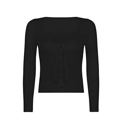 Damen Vintage Grafik Druck Langarm Crop Top Knopfverschluss Cropped Tops 90er Jahre E-Girl T-Shirts Grunge-Kleidung (Q33-Schwarz, L) von Owegvia