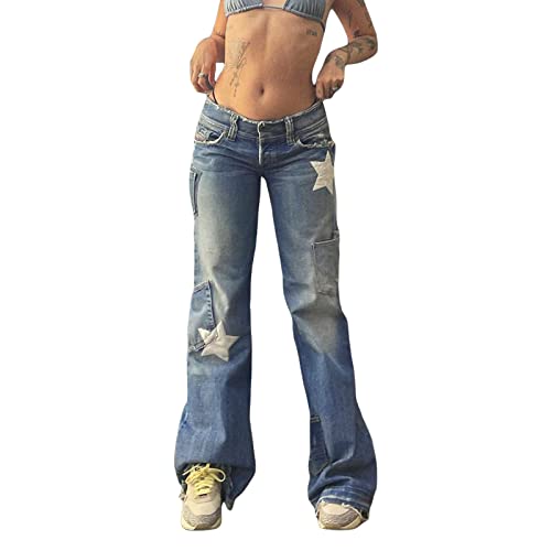 Damen Y2K Star Print Wide Leg Jeans Baggy Straight Leg Denim Pants Indie Aesthetics Low Waisted Cargo Jean Loose Trouser (Blau, S) von Owegvia