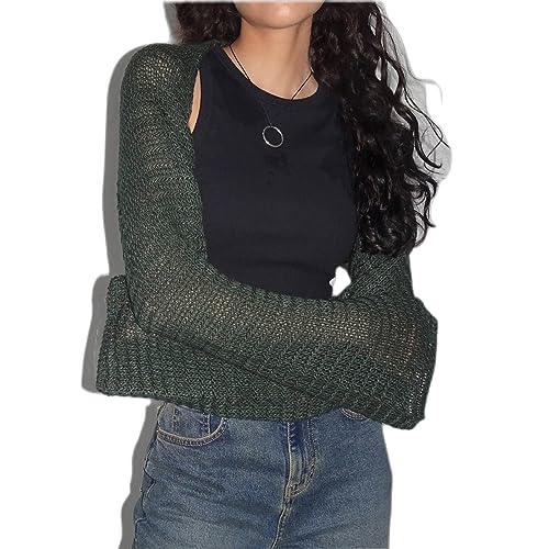 Damen Y2k Crochet Shrugs Crop Sweater Langarm gestrickt Kurz Shrug Cardigan Casual Knit Bolero Shrug Cover-Ups Tops (Dunkelgrün, L) von Owegvia
