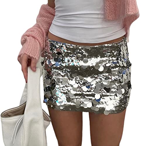 Damen Y2k Glitter Mini Bodycon Rock Kleid Hohe Taille Disco Pailletten Club Rock Stage Performance Club Mini Rock (Silver, S) von Owegvia