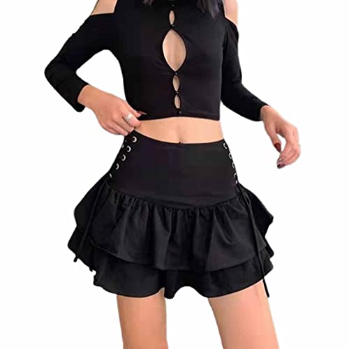 Damen Y2k Hohe Taille Plissee Minirock Gothic Grunge Bandage Kurzer Rock A-Linie Geraffter Rock Streetwear (Schwarz, L) von Owegvia