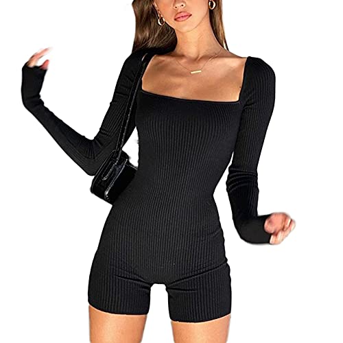 Damen Y2k Rippenstrick Bodycon Short Jumpsuit Quadratischer Hals Langarm Slim Bodysuit Skinny One Piece Romper Playsuit Club (Schwarz, S) von Owegvia