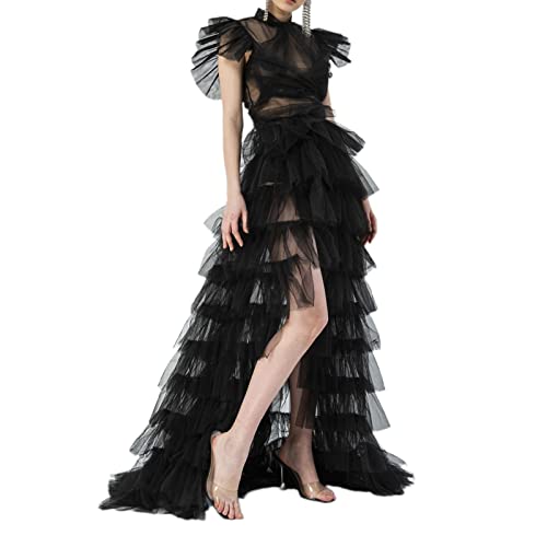 Damen hoch niedrig geschichtet Rüschen Mesh Puffy Rock Sheer Mesh Tulle Rock unregelmäßig gefesselt bodenlang Party Hochzeit Rock Cocktail Prom (Schwarz, Einheitsgröße) von Owegvia