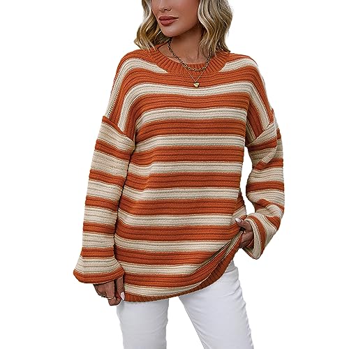 Gestreifter Pullover Frauen Casual Langarm Rundhals Loose Fit Strickwaren Winter Strickoberteile Herbst Pullover für Frauen, Orange, Weiß, XL von Owegvia