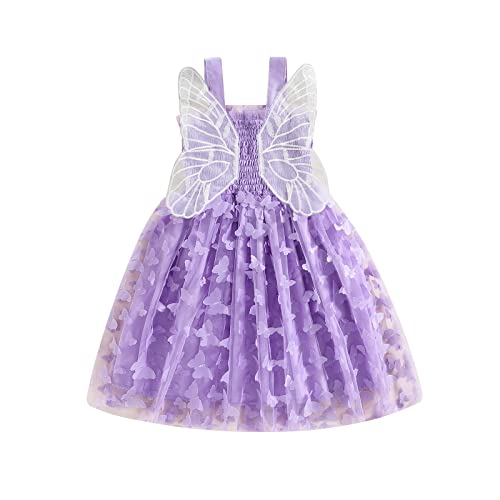 Kleinkind Baby Mädchen Prinzessin Kleid ärmellos Schmetterling Mesh Tüll Partykleid Sommer aus Schulter A-Linie Kleid (Violett, 3-4 Years) von Owegvia