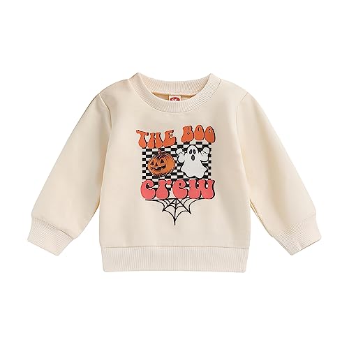 Kleinkind Halloween-Outfit Langarm Crewneck Kürbis Druck Pullover Tops Halloween Kleinkind Shirt Unisex-Kleidung (Q07-Apricot, 18-24 Months) von Owegvia