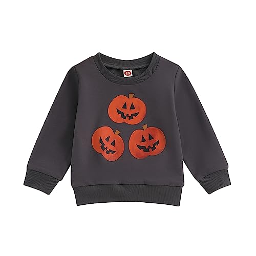 Kleinkind Halloween-Outfit Langarm Crewneck Kürbis Druck Pullover Tops Halloween Kleinkind Shirt Unisex-Kleidung (Q08-Dark Gray, 12-18 Months) von Owegvia
