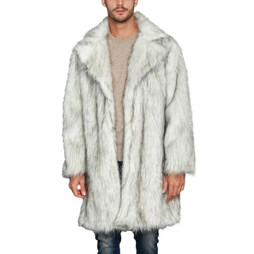 Men's Luxury Faux Fur Coat Long Sleeve Lapel Collar Open Front Faux Fur Coat Men's Faux Fur Trench Coat Outwear (White, XXL) von Owegvia