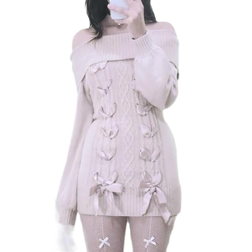 Off The Shoulder Sweater for Women Long Sleeve Sweet Lace Trim Knit Y2k Pullovers Bow Front Grunge Jumper Tops (Pink Bow 01, L) von Owegvia