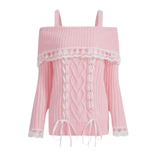 Off The Shoulder Sweater for Women Long Sleeve Sweet Lace Trim Knit Y2k Pullovers Bow Front Grunge Jumper Tops (Pink Tie, S) von Owegvia