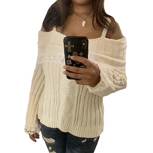 Off The Shoulder Sweater for Women Long Sleeve Sweet Lace Trim Knit Y2k Pullovers Bow Front Grunge Jumper Tops (White, L) von Owegvia