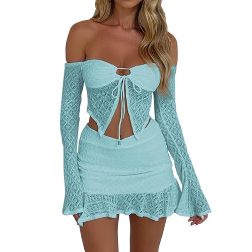 Owegvia 2 Piece Skirt Set For Women Sexy Y2K Off Shoulder Ruffle Mesh Lace Long Sleeve Crop Top Mini Skirt Set Beachwear (blue, S) von Owegvia