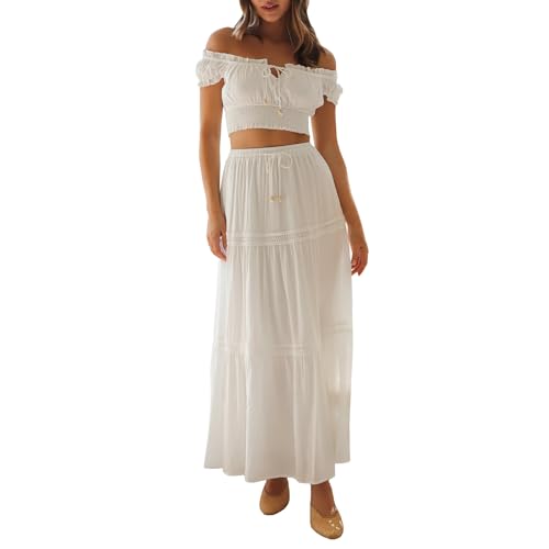 Owegvia 2-teiliges Boho-Outfit für Damen, schulterfrei, Rüschenbesatz, bauchfreies Oberteil und A-Linie, gestufter langer Rock, Strandbekleidung, weiß, 36 von Owegvia