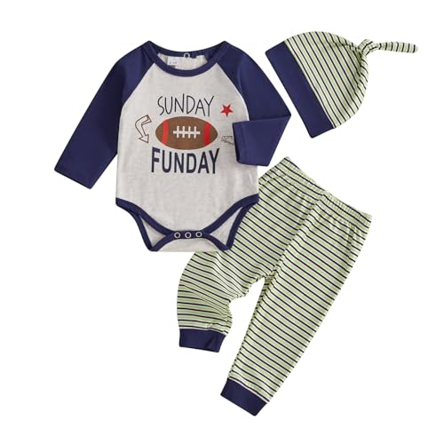 Owegvia Baby Boy 3 Piece Outfit Football Print Long Sleeve Rompers and Elastic Striped Pants Beanie Hat Set Fall Spring Clothes (Blue, 0-3 Months) von Owegvia